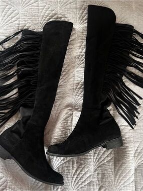 Black Fringe Over-The-Knee Boots for Women 10 Suede Front Line Dancing Cowgirl